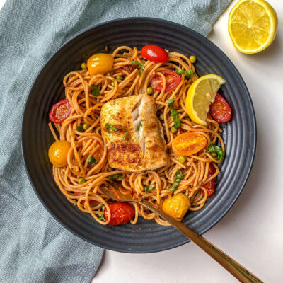 Cod Pasta with Red Pesto and Peas