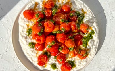 Burrata with Roasted Tomatoes & Pistachio Basil Pesto
